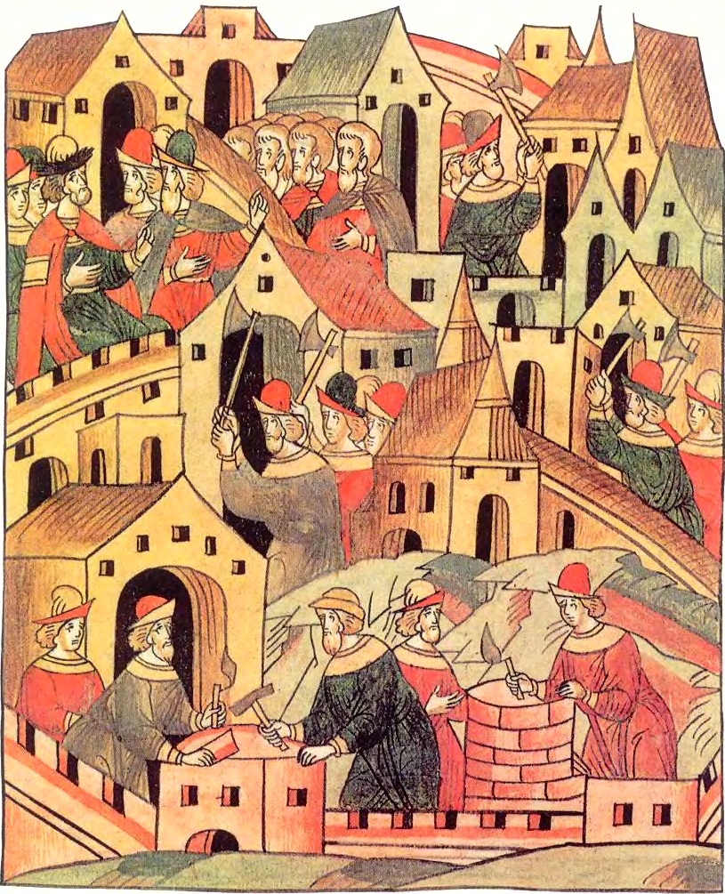 Гравюра: строительство Москвы в 16-м веке.
